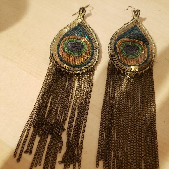 Beaded, Sequined, Silk and Brass Dangling Earrings from Paris - Picture 3 of 6